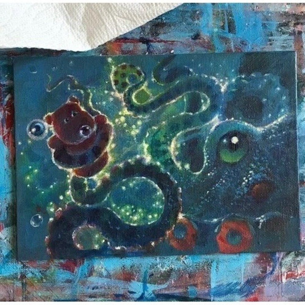 ORIGINAL painting octopus Gummy Bear Art Surrealism ocean fantasy artwork USA - Picture 3 of 5